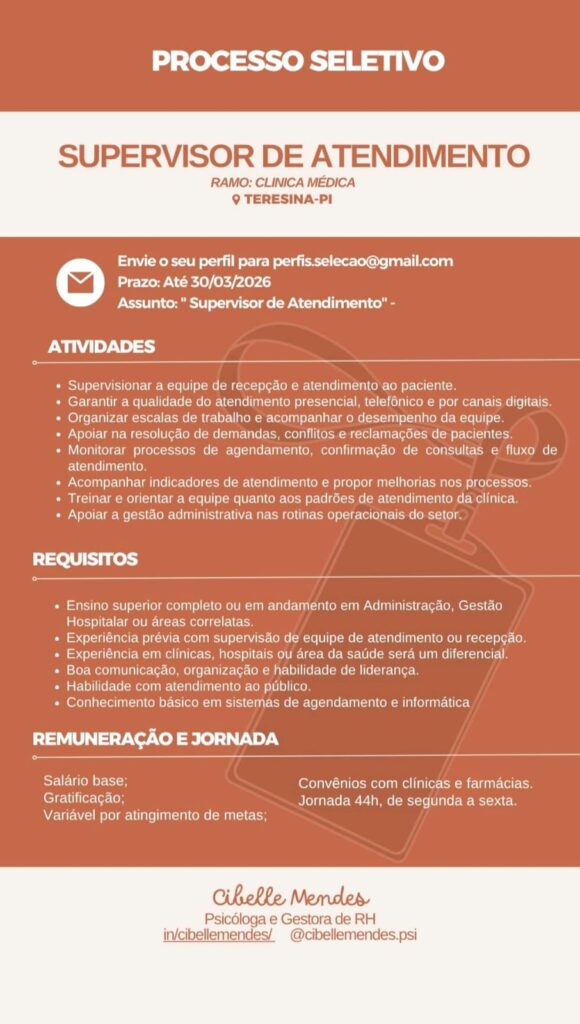 Vaga de emprego para Supervisor de Atendimento