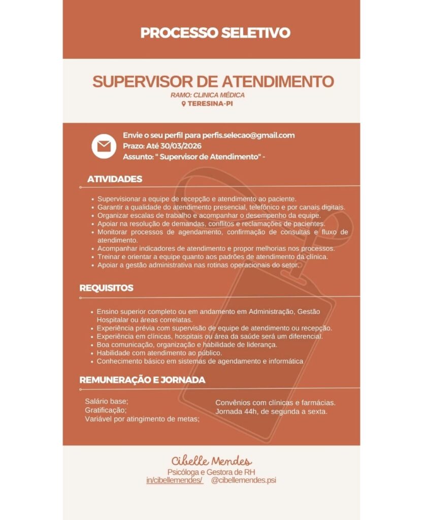 Vaga de emprego para Supervisor de Atendimento