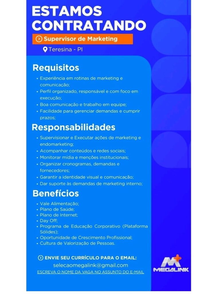Vaga de emprego para Supervisor de Marketing