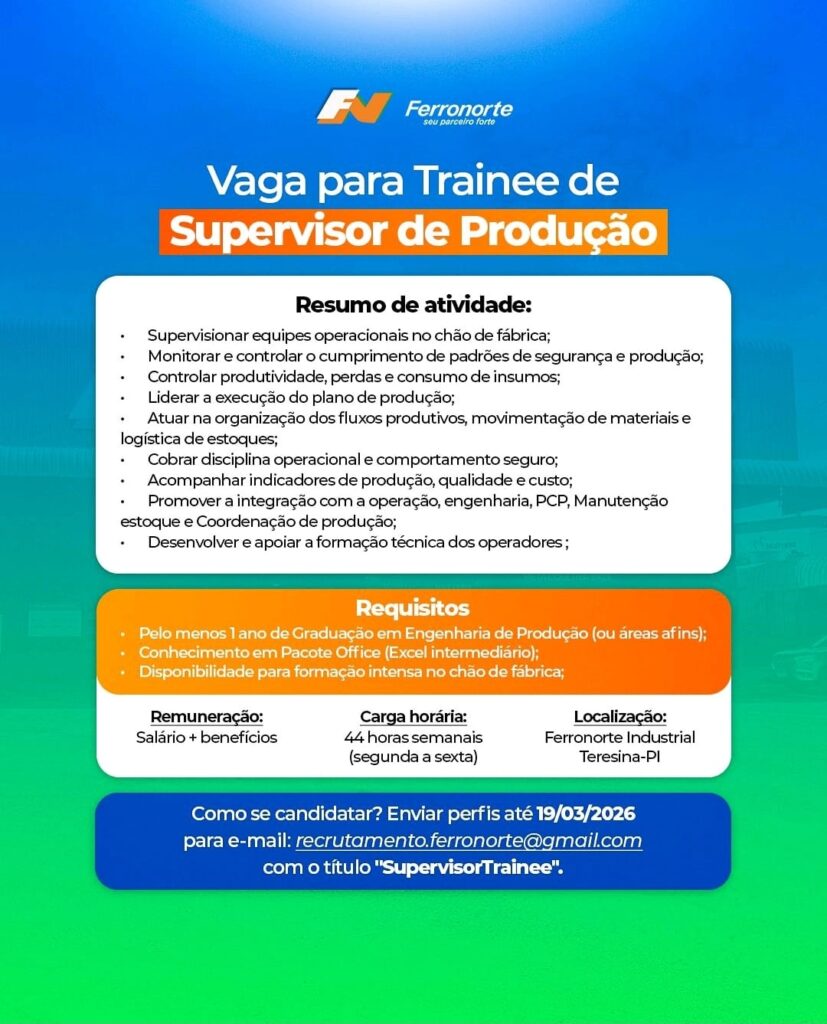 Vaga de emprego para Supervisor de Produção