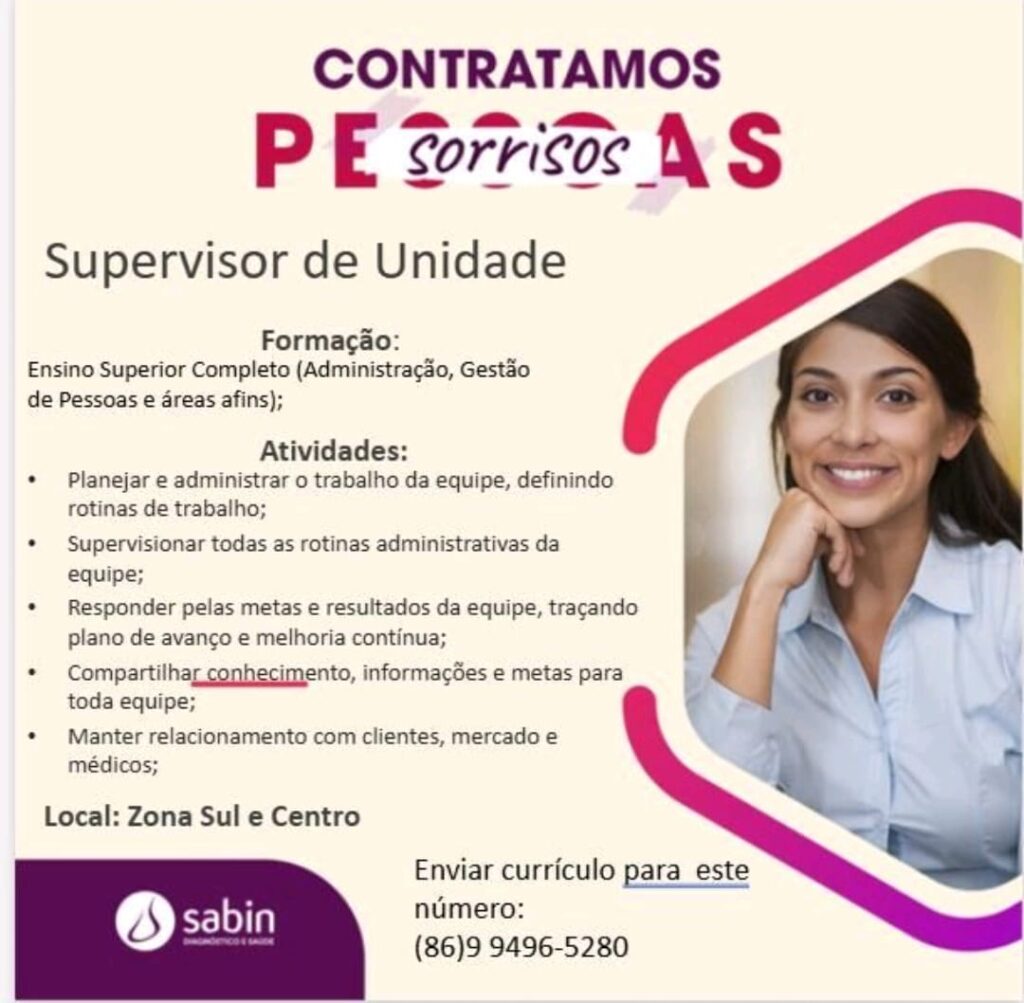 Vaga de emprego para Supervisor de Unidade