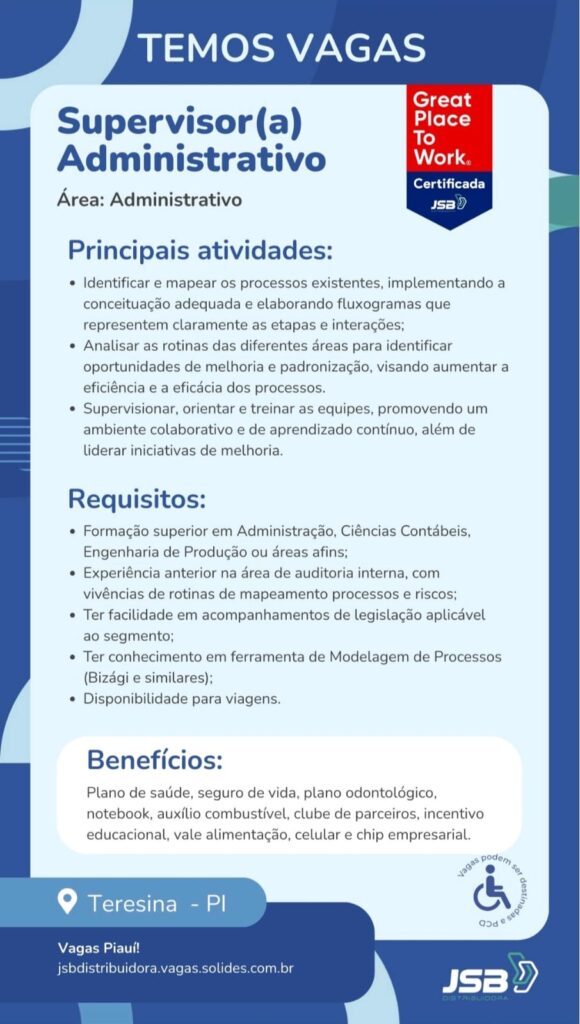 Vaga de emprego para Supervisor(a) Administrativo