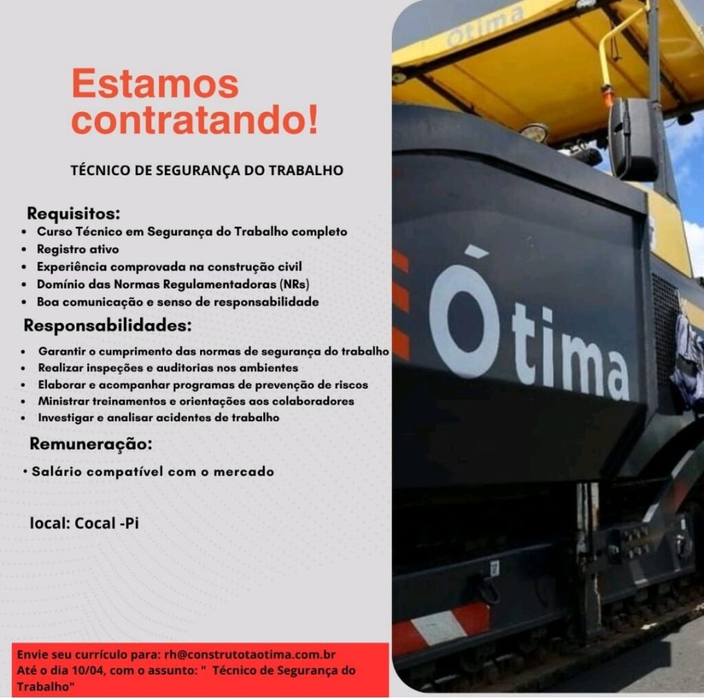 Vaga de emprego para Técnico de Segurança do Trabalho em Cocal