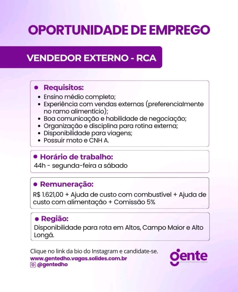 Vaga de emprego para Vendedor Externo - RCA no Piauí