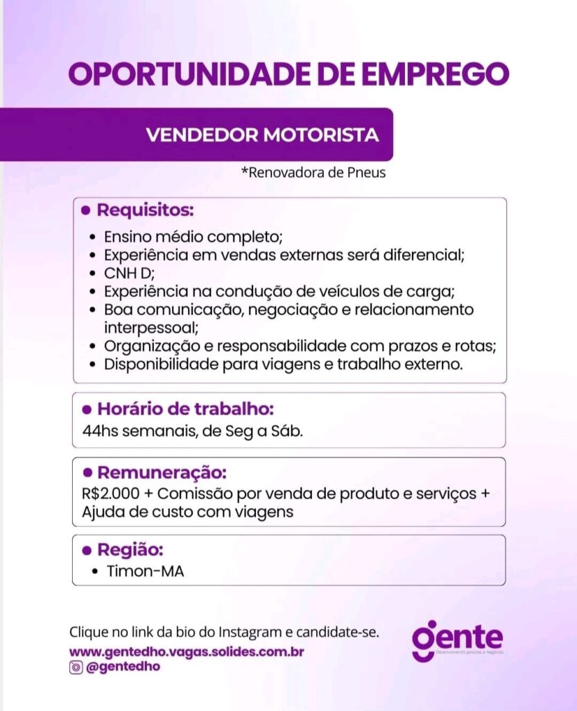 Vaga de emprego para Vendedor Motorista