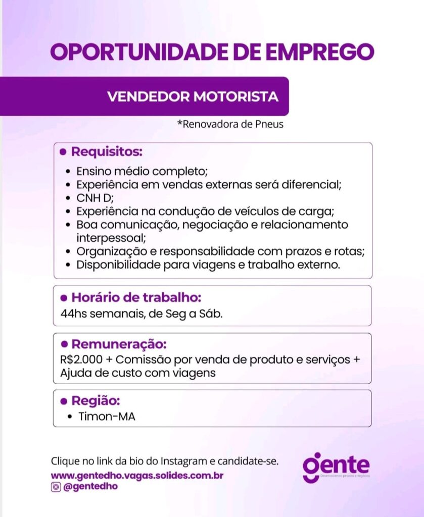 Vaga de emprego para Vendedor Motorista em Timon