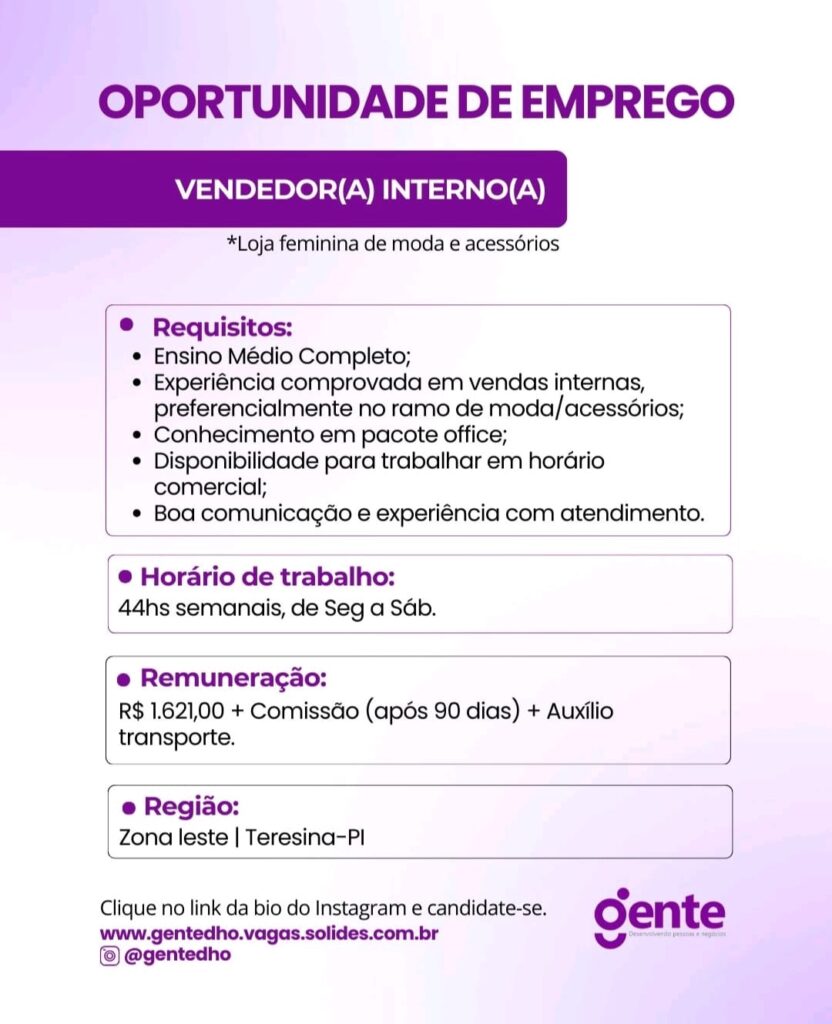 Vaga de emprego para Vendedor(a) Interno(a)