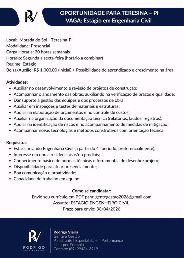 Vaga de Estágio para Engenharia Civil 