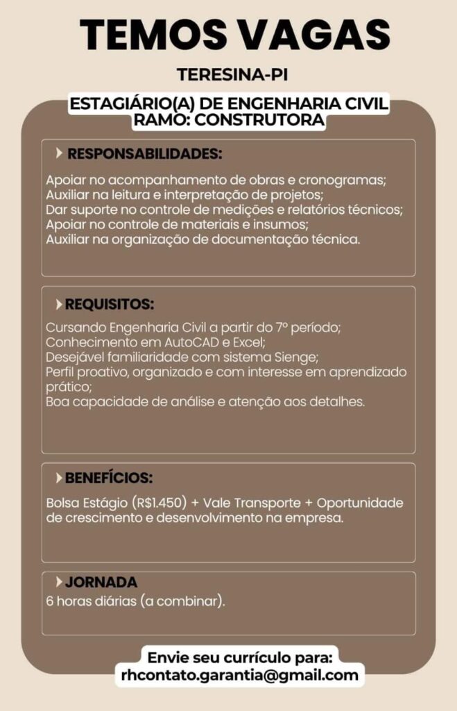 Vaga de Estágio para Engenharia Civil