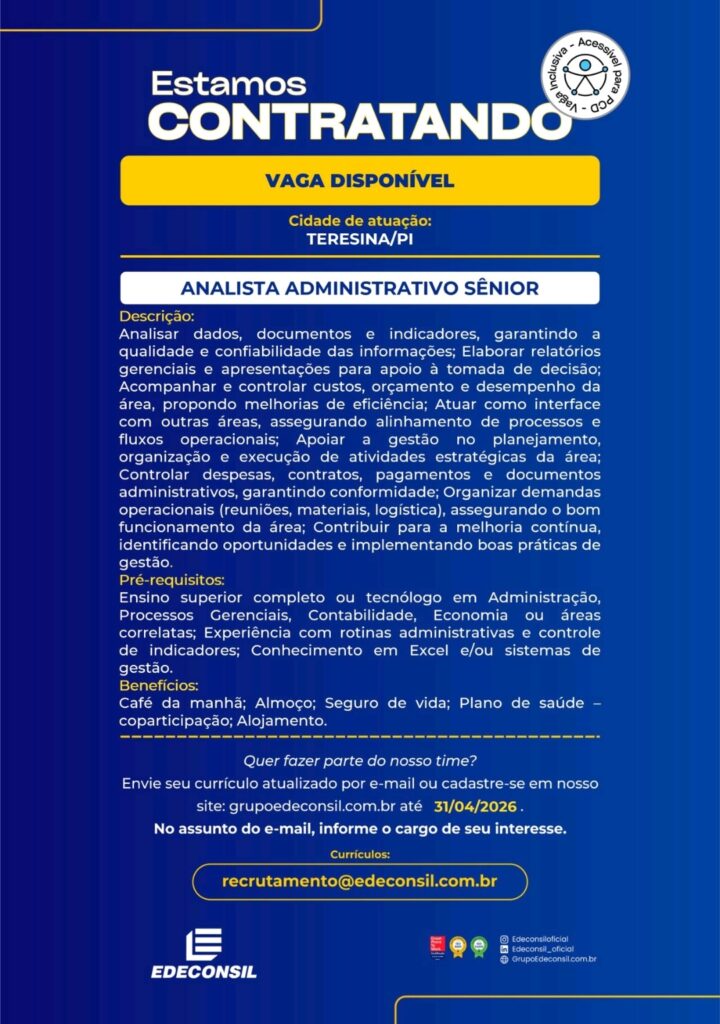 Vaga de emprego para Analista ADM Sênior