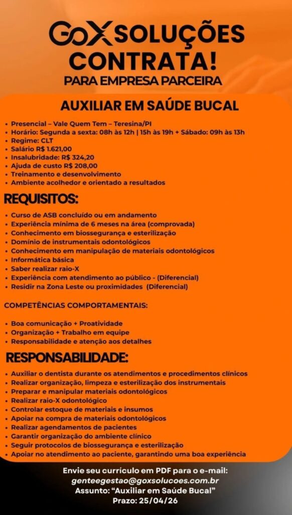 Vaga de emprego para Auxiliar de Saúde Bucal