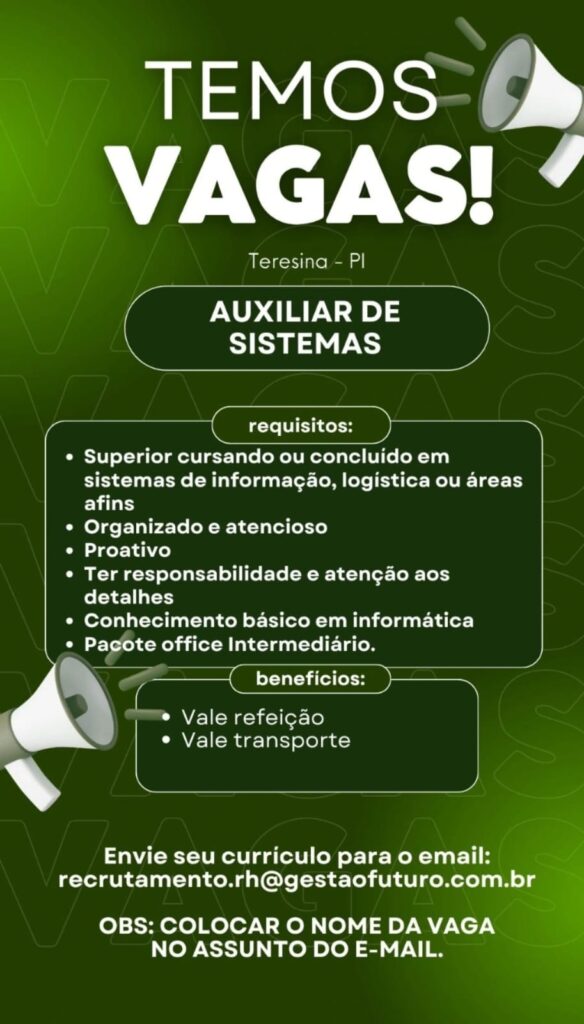 Vaga de emprego para Auxiliar de Sistemas