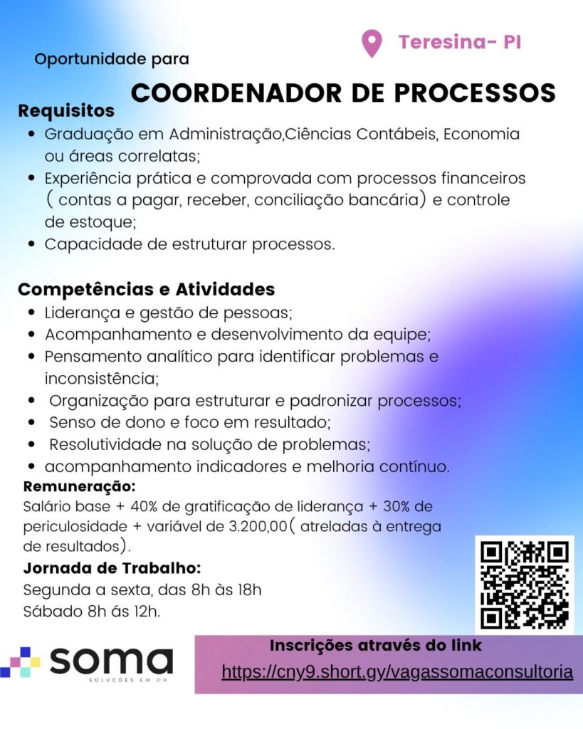 Vaga de emprego para Coordenador de Processos
