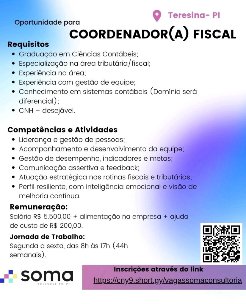 Vaga de emprego para Coordenador(a) Fiscal