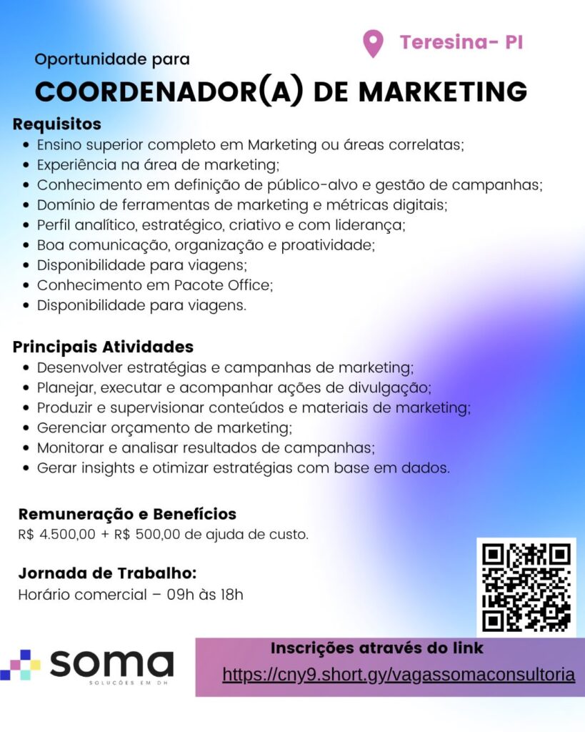 Vaga de emprego para Coordenador(a) de Marketing