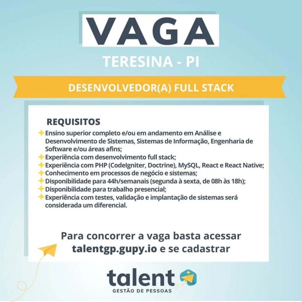 Vaga de emprego para Desenvolverdor(a) Full Stack