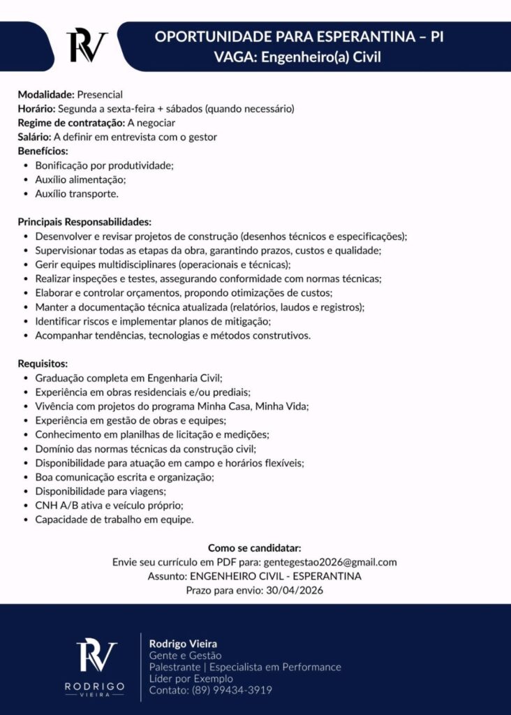 Vaga de emprego para Engenheiro(a) Civil em Esperantina