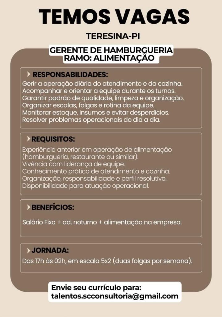 Vaga de emprego para Gerente de Hamburgueria