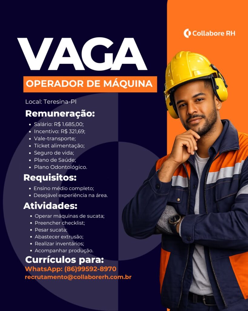 Vaga de emprego para Operador de Máquina