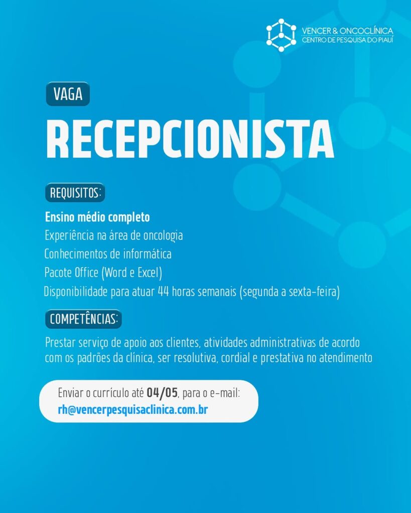 Vaga de emprego para Recepcionista