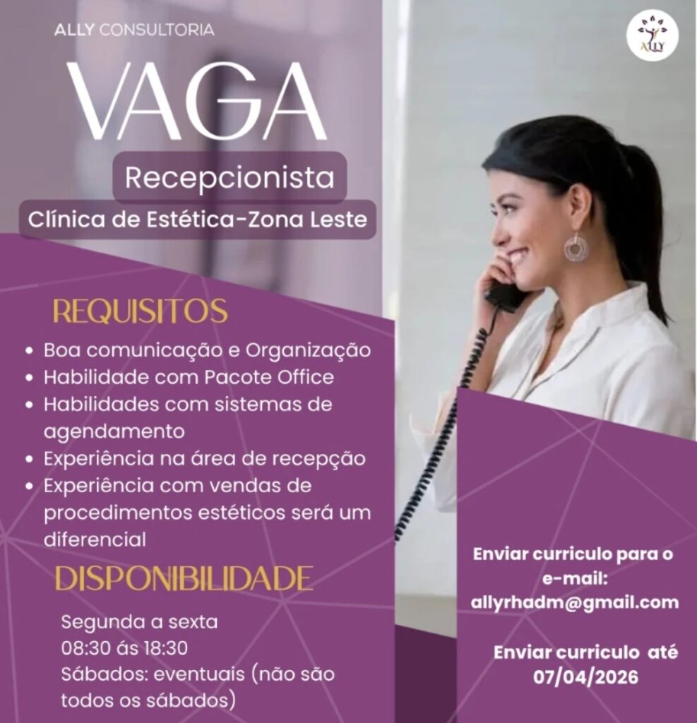Vaga de emprego para Recepcionista