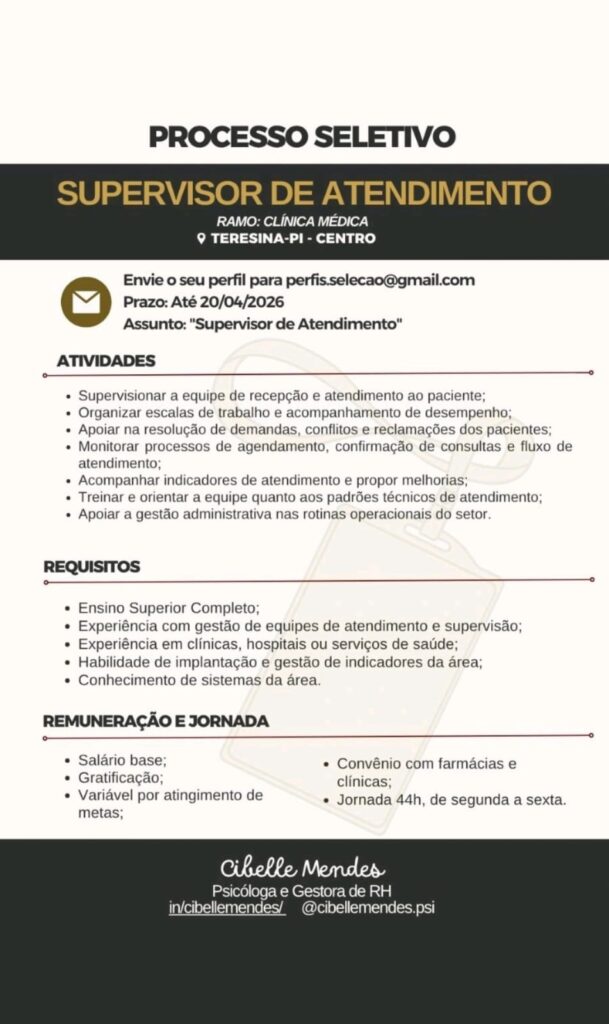 Vaga de emprego para Supervisor de Atendimento