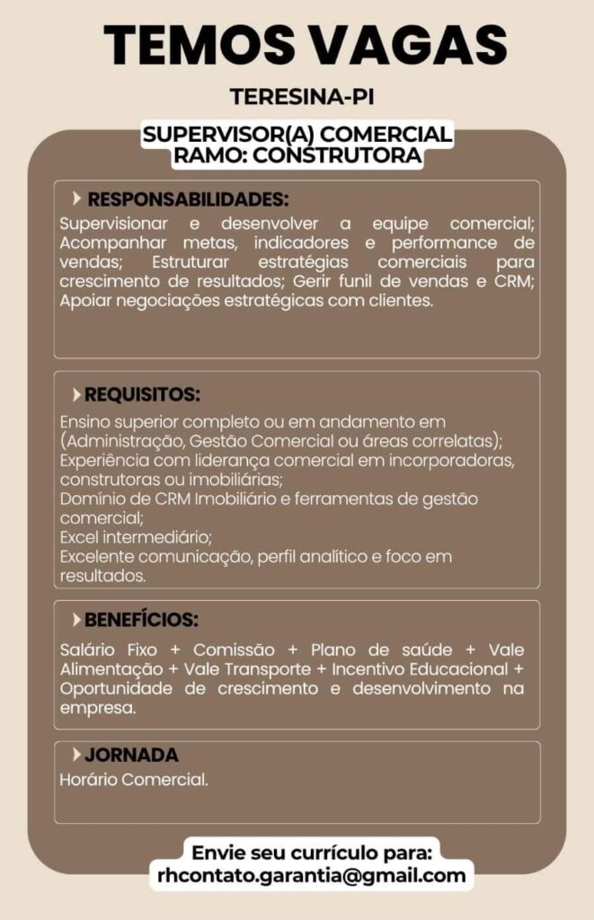 Vaga de emprego para Supervisor(a) Comercial