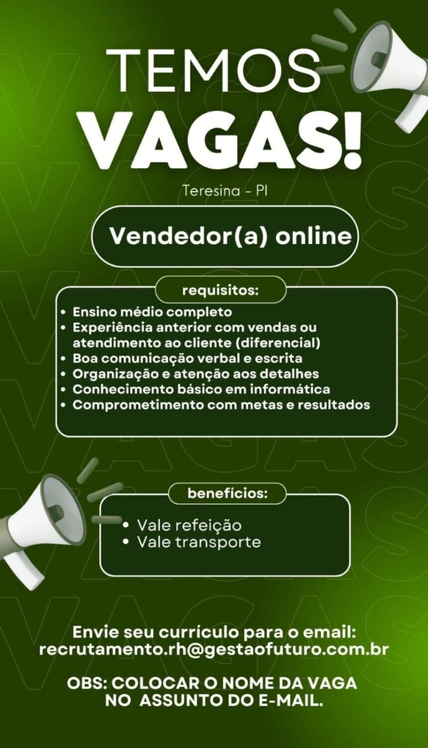 Vaga de emprego para Vendedor(a) Online