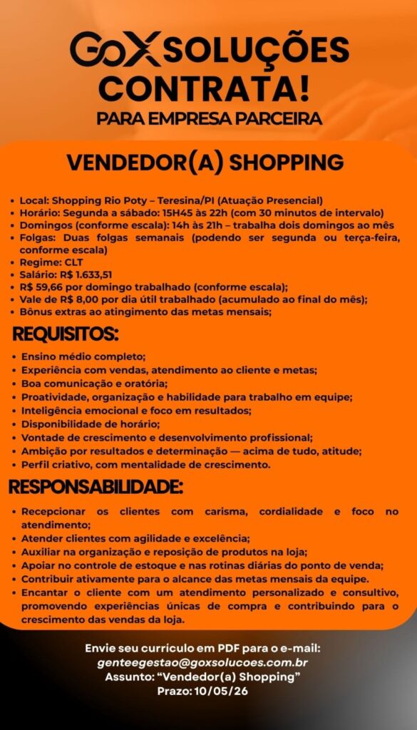 Vaga de emprego para Vendedor(a) Shopping