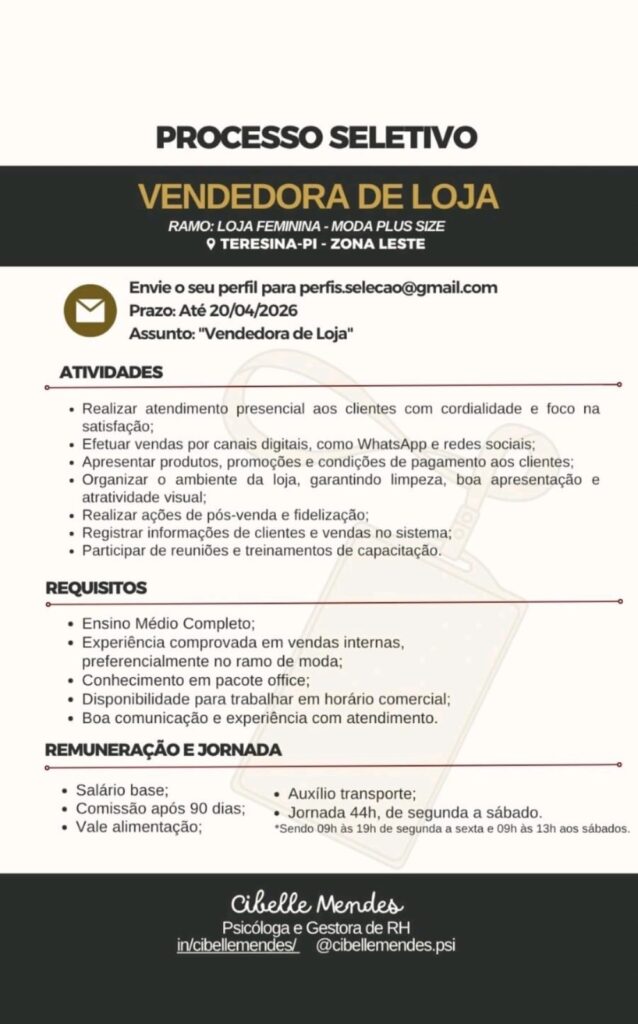 Vaga de emprego para Vendedora de Loja
