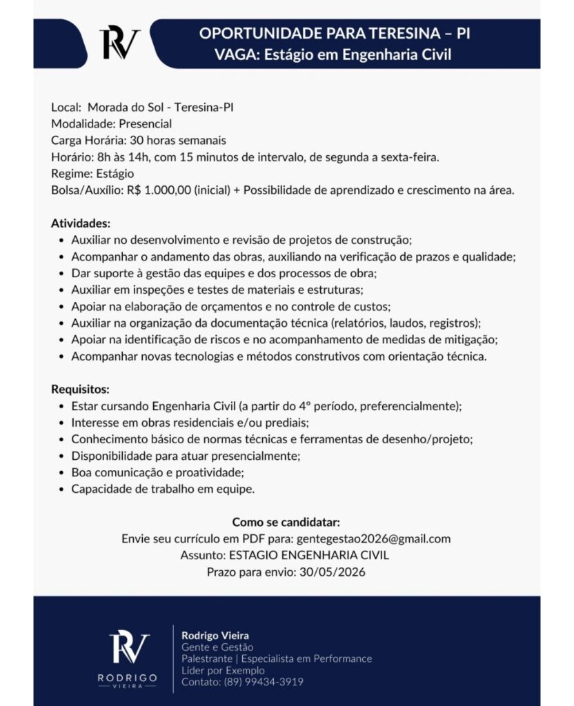 Vaga de Estágio para Engenharia Civil