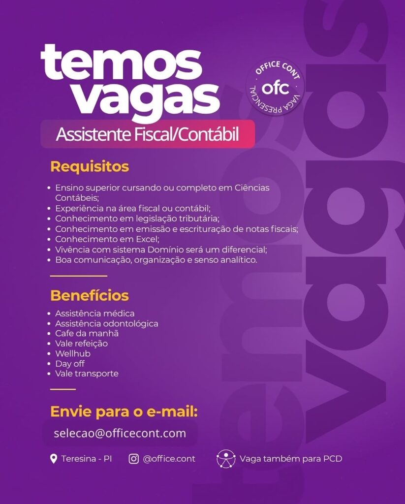 Vaga de emprego para Assistente Fiscal/Contábil