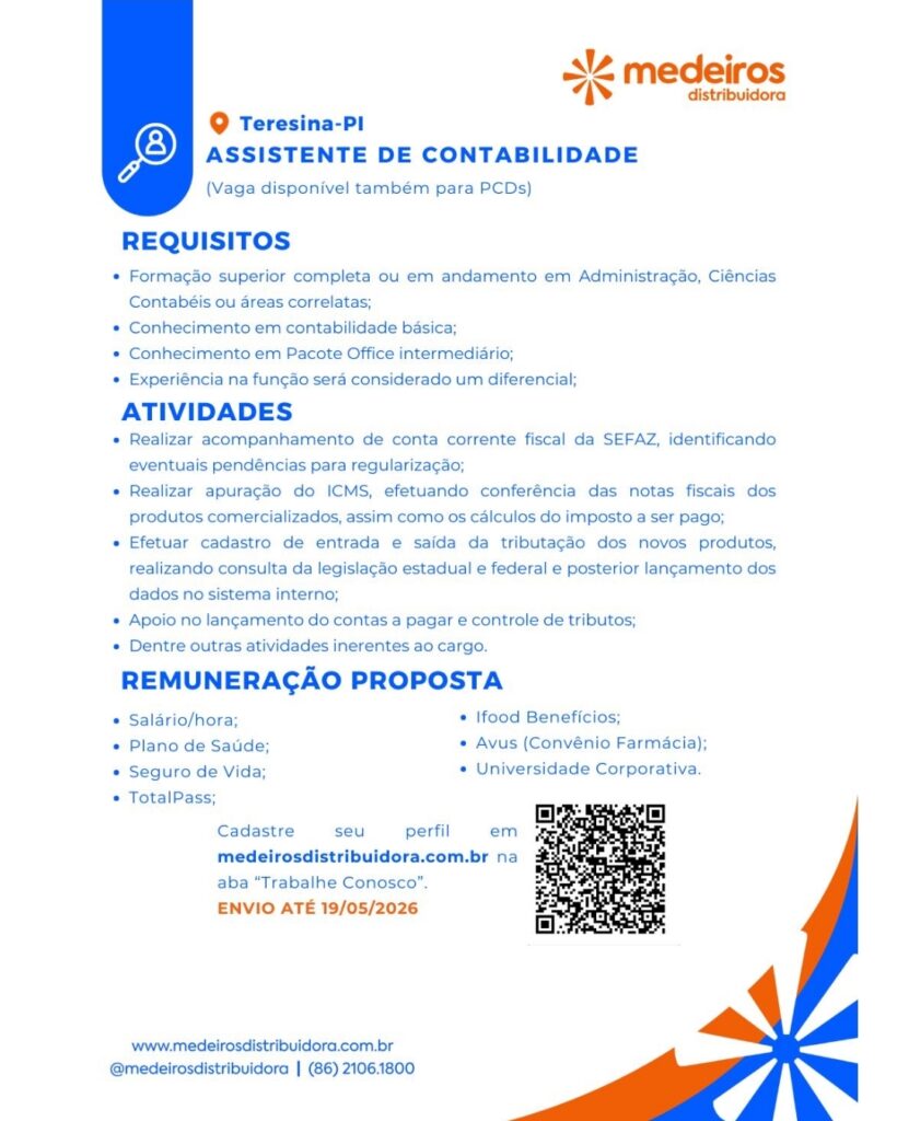 Vaga de emprego para Assistente de Contabilidade