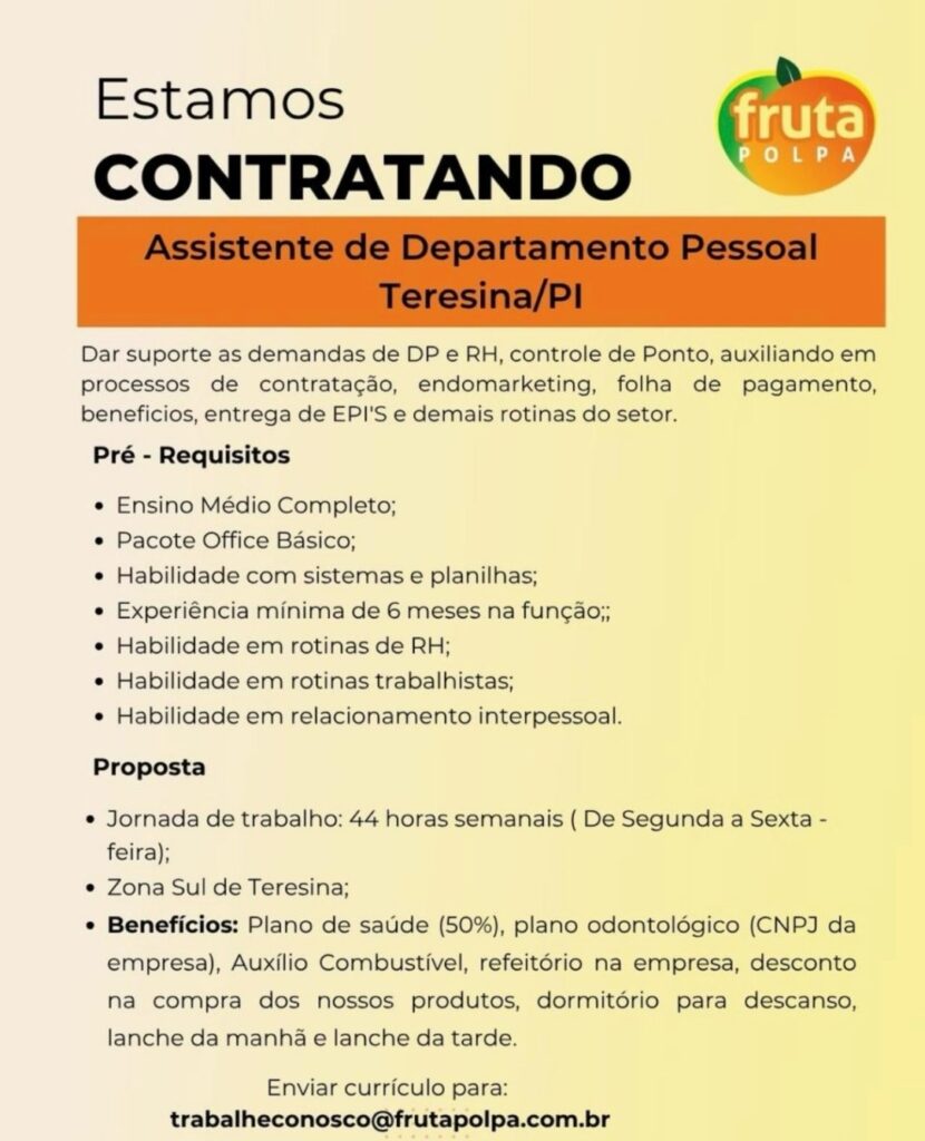 Vaga de emprego para Assistente de DP