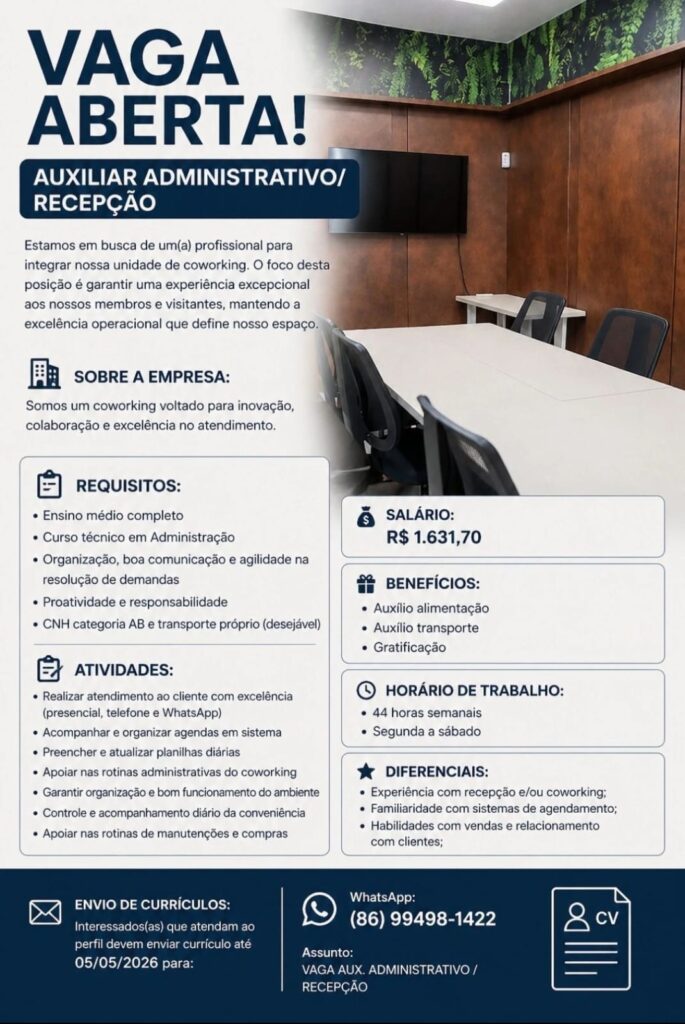 Vaga de emprego para Auxiliar ADM/Recepcão
