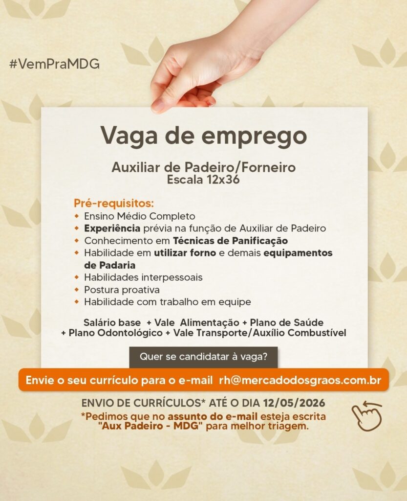 Vaga de emprego para Auxiliar de Padeiro/Forneiro