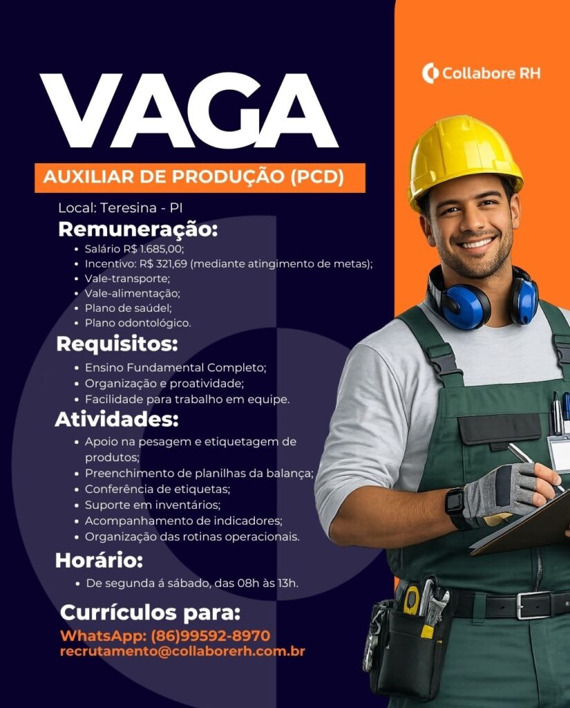 Vaga de emprego para Auxiliar de Produção (PCD)
