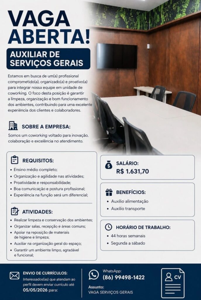 Vaga de emprego para Auxiliar de Serviços Gerais
