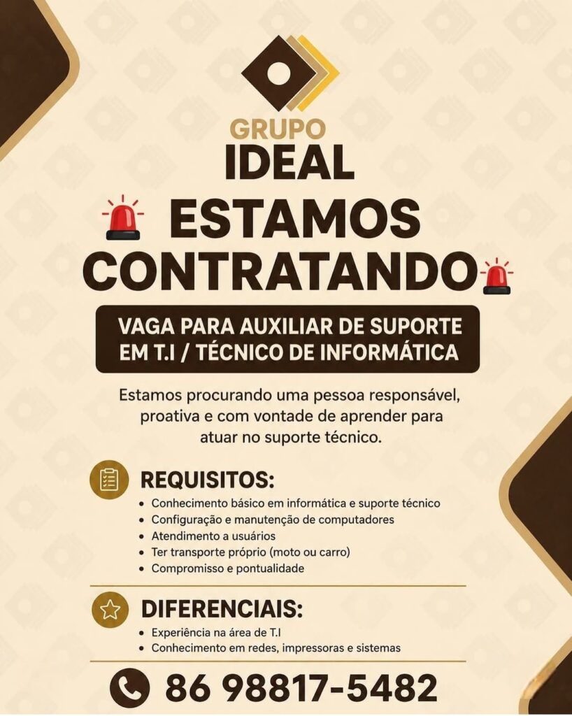 Vaga de emprego para Auxiliar de Suporte em T.I/ Técnico de Informática