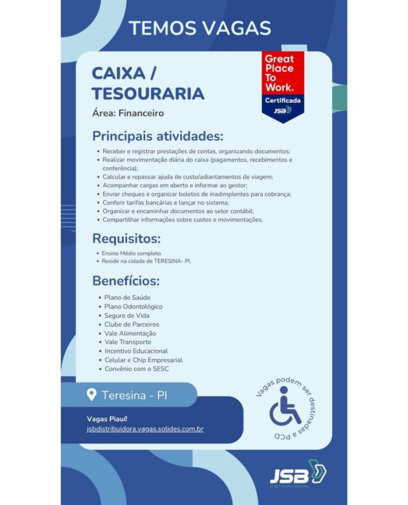 Vaga de emprego para Caixa/Tesouraria
