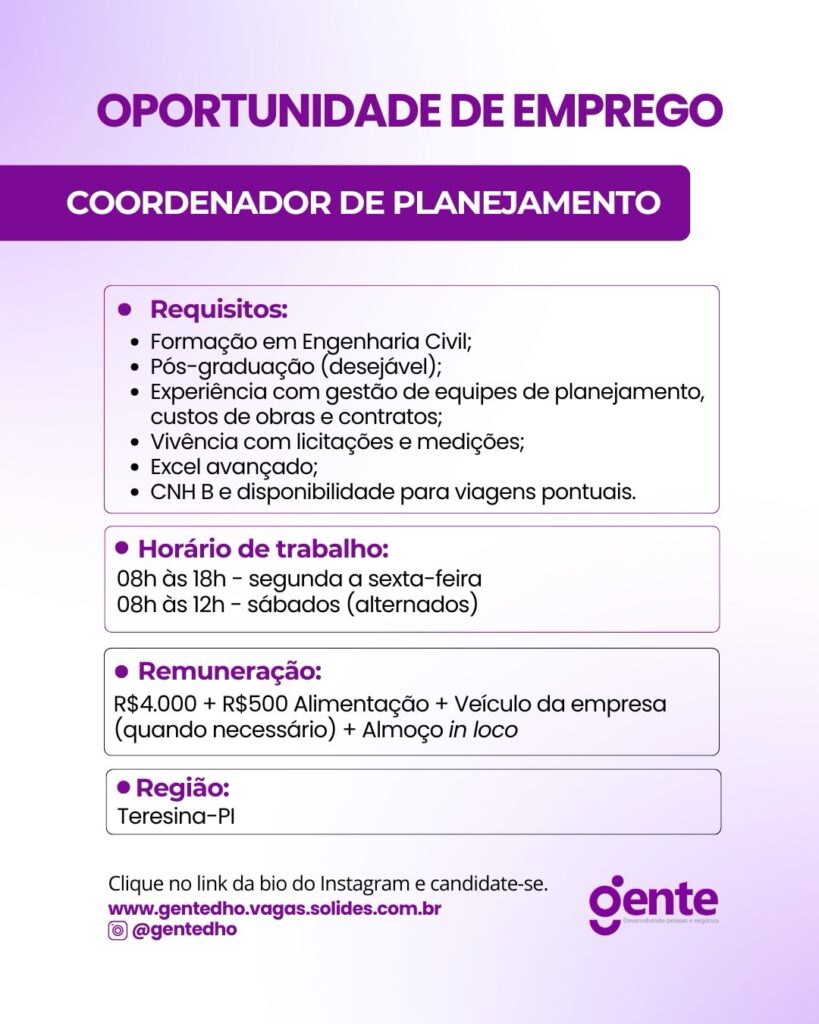 Vaga de emprego para Coordenador de Planejamento