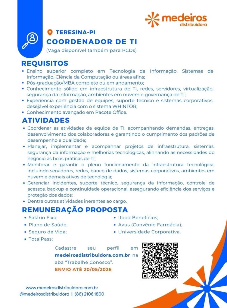 Vaga de emprego para Coordenador de T.I