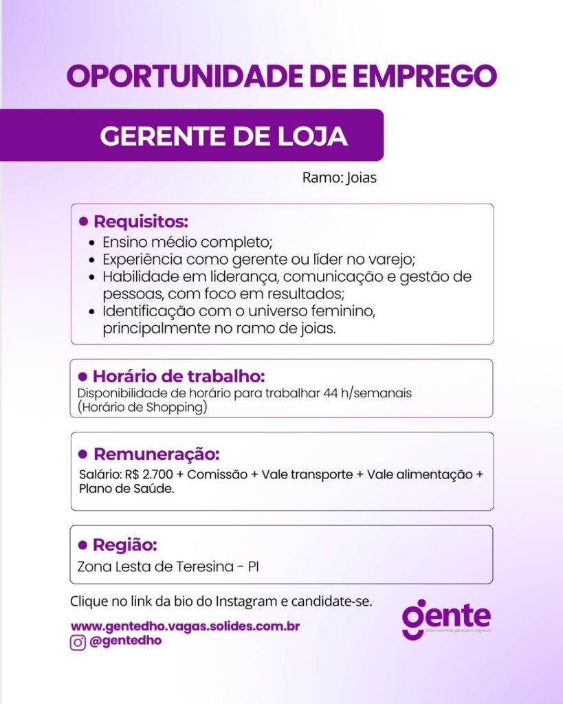 Vaga de emprego para Gerente de Loja