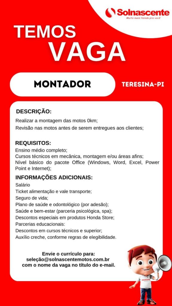 Vaga de emprego para Montador