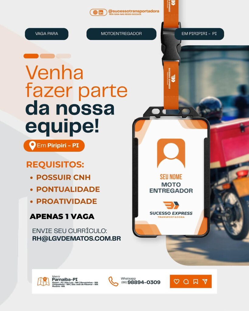 Vaga de emprego para Motoentregador