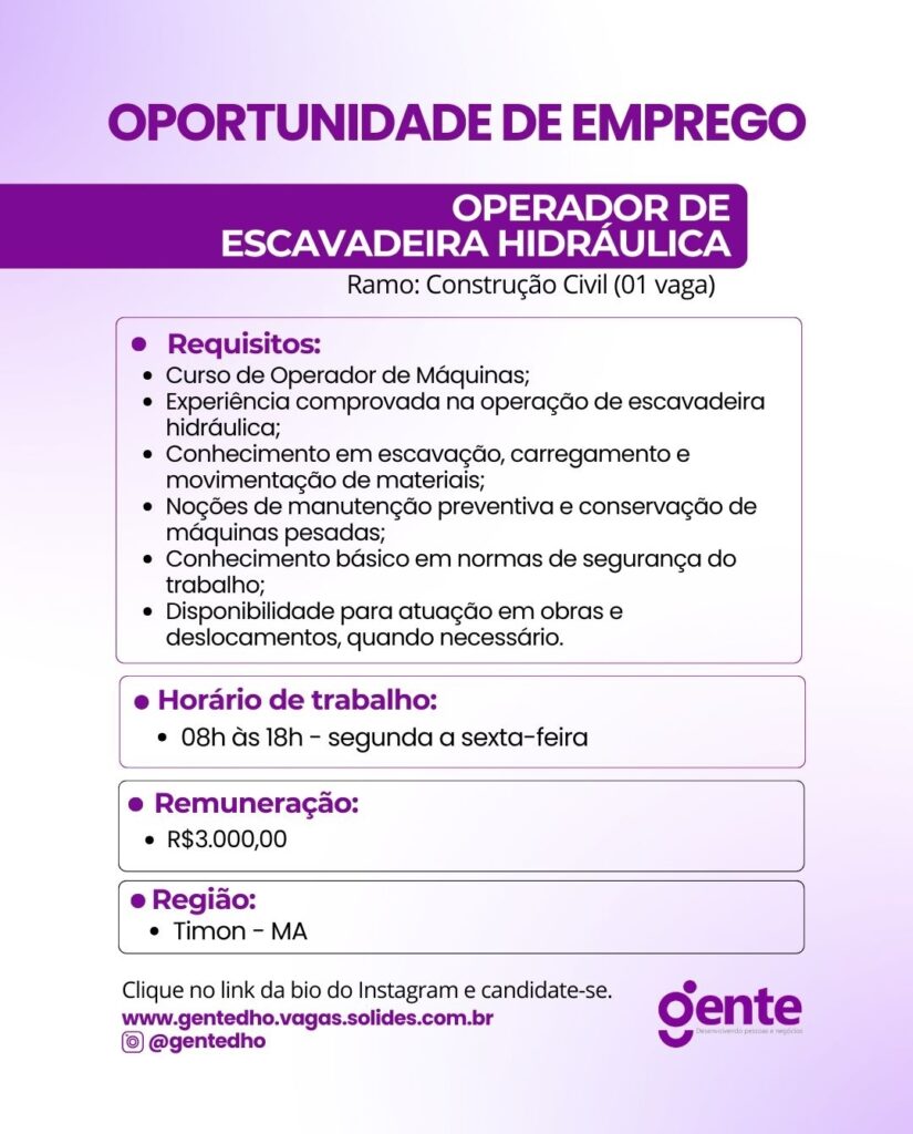 Vaga de emprego para Operador de Escavadeira Hidráulica