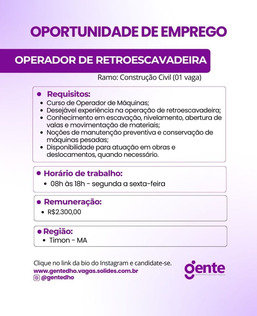 Vaga de emprego para Operador de Retroescavadeira