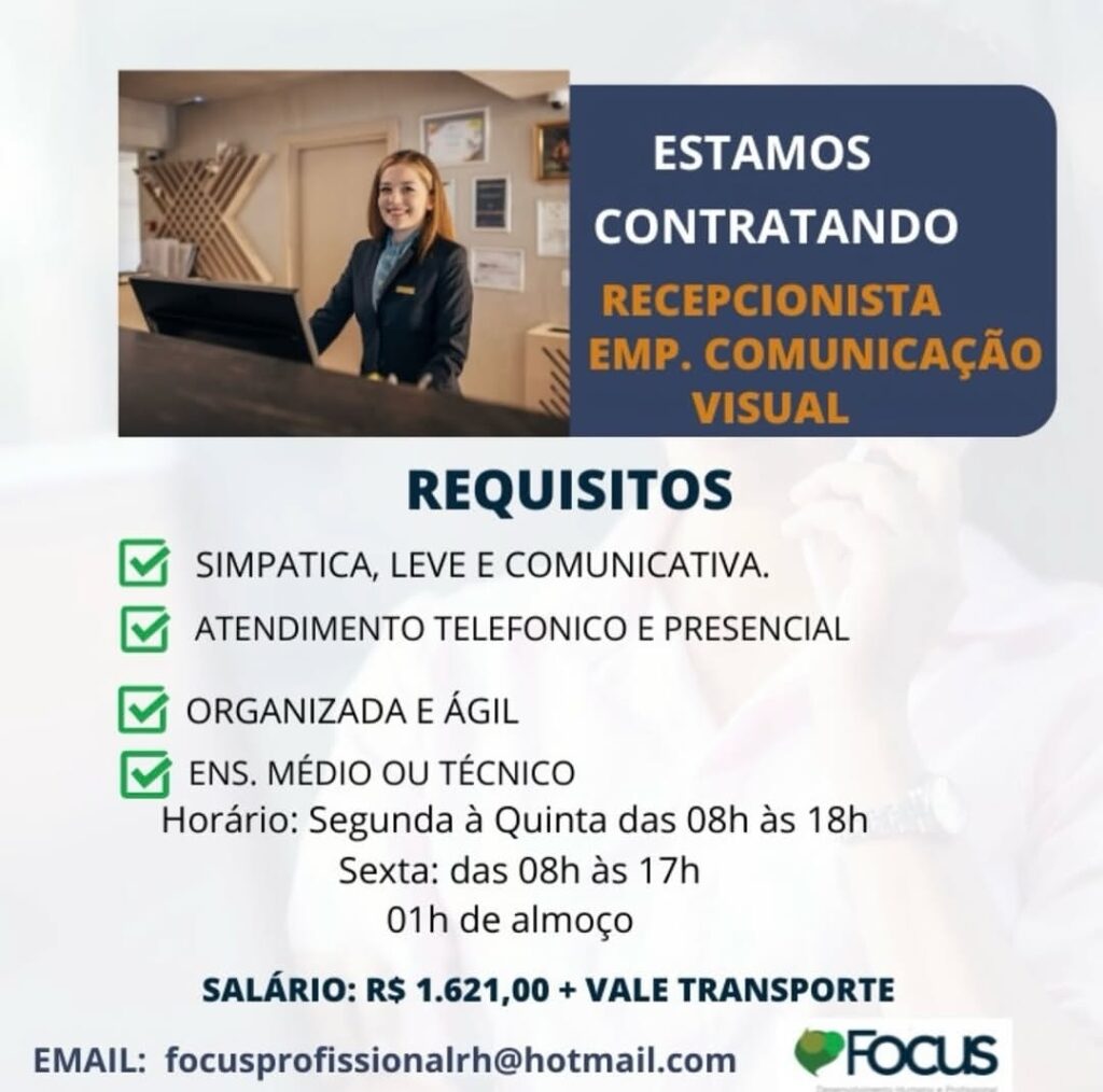 Vaga de emprego para Recepcionista