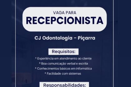 Vaga de emprego para Recepcionista