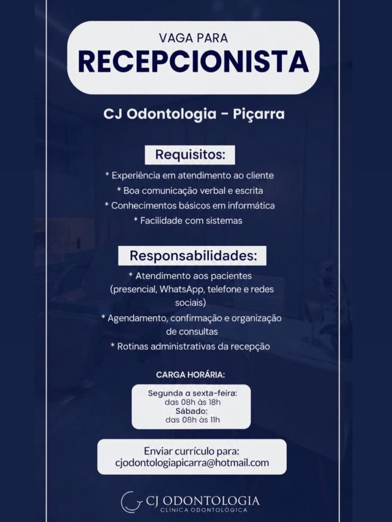 Vaga de emprego para Recepcionista